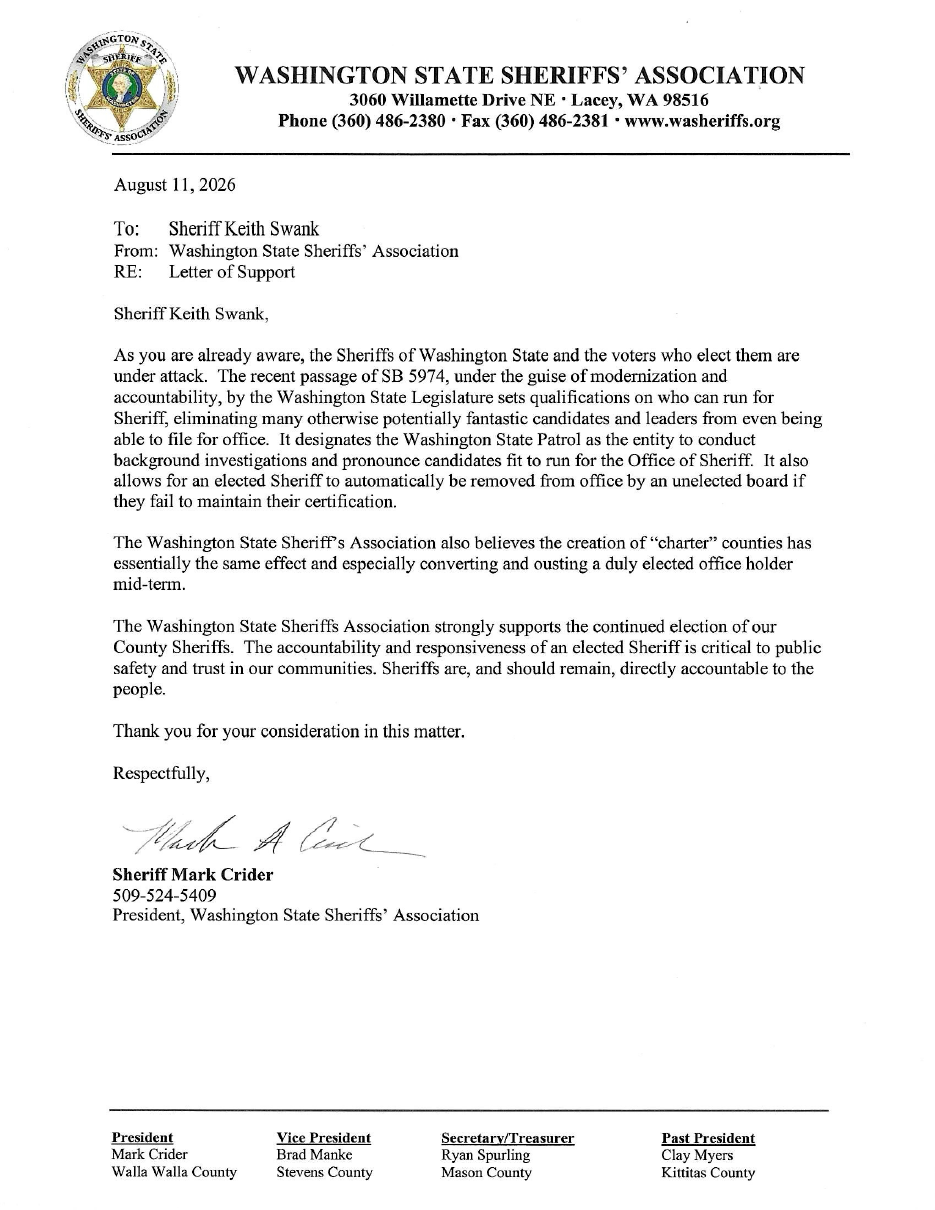 Letter from the Washington State Sheriffs' Association to Sheriff Keith Swank, dated August 11, 2026.